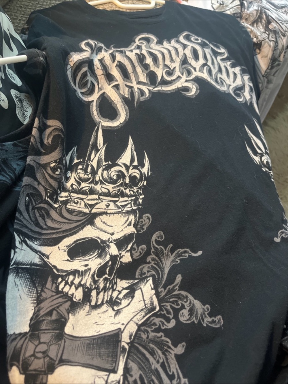 Affliction Throwdown Black T‑Shirt with White Skull and Crown Graphic